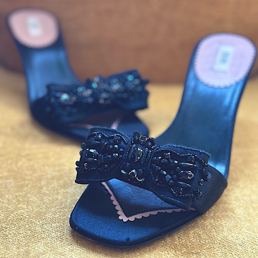 Prada Black Satin Slide Kitten Heels. Crystal Bow Detail. Size: EU 36, US 6.